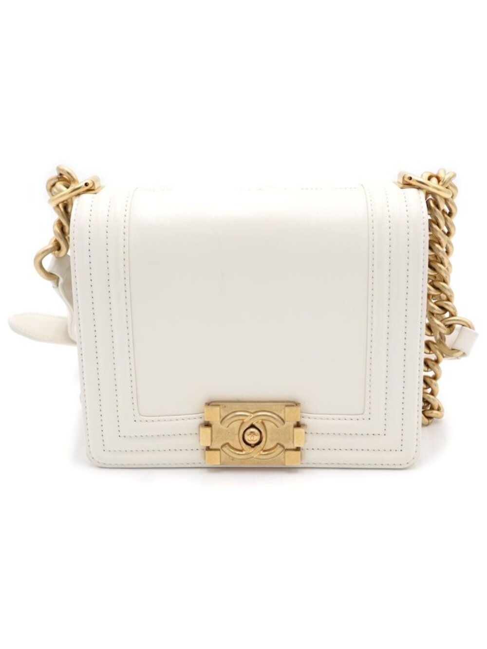 Chanel Boy Lambskin Chain Shoulder Bag Gold White